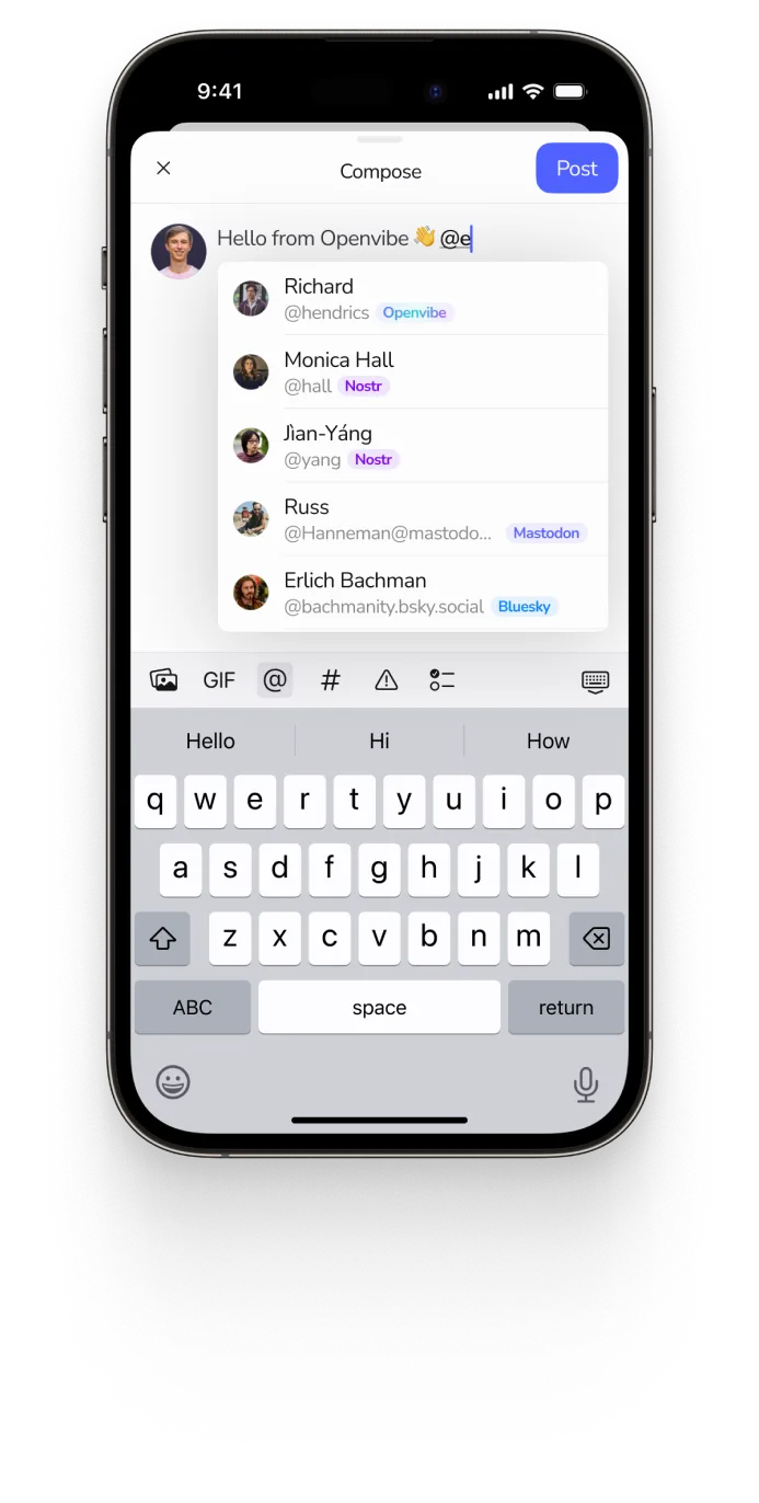 Openvibe app screen, showing composing new post and mentioning profile.
